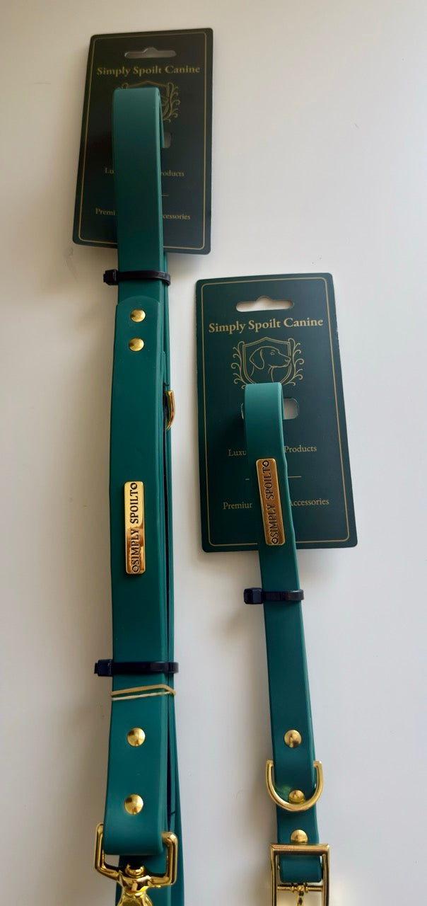 Simply Spoilt Signature Lead and Collar Set - matching heritage green dog lead and collar with gold hardware